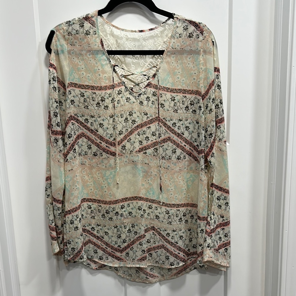 Bohemian Floral Blouse With Lace-Up Front & Crochet Back